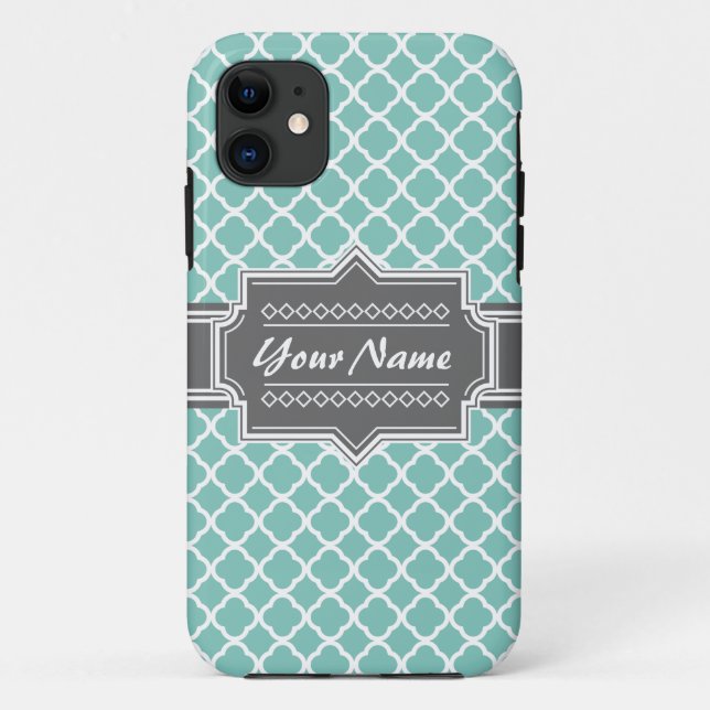 Mint and Grey Moroccan Quatrefoil Personalized N1 Case-Mate iPhone Case (Back)