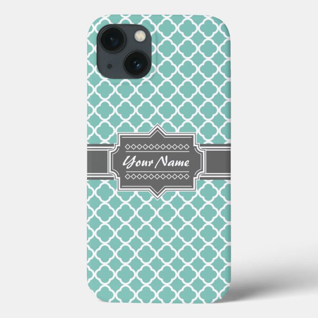 Mint and Grey Moroccan Quatrefoil Personalized N1 Case-Mate iPhone Case (Back)
