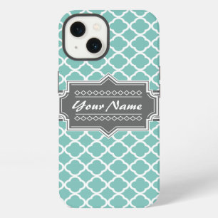 Mint and Grey Moroccan Quatrefoil Personalized N1 iPhone 13 Case