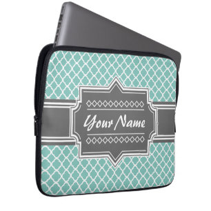Mint and Grey Moroccan Quatrefoil Personalized N1 Laptop Sleeve