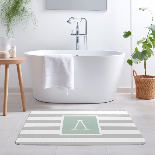 Mint and Grey Stripes Monogram | Editable Colours Bath Mat (Creator Uploaded)
