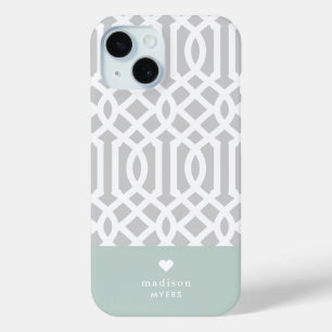 Mint and Grey Trellis Heart Monogram iPhone 15 Case