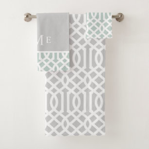 Mint and Grey Trellis Monogram   Editable Colours Bath Towel Set