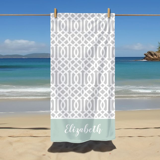 Mint and Grey Trellis Monogram | Editable Colours Beach Towel (Creator Uploaded)