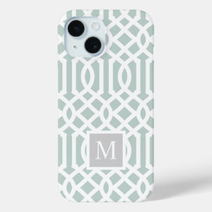 Mint and Grey Trellis Monogram   Editable Colours iPhone 15 Case