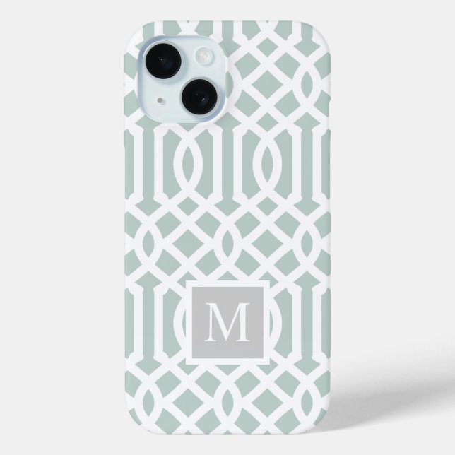 Mint and Grey Trellis Monogram | Editable Colours Case-Mate iPhone Case (Back)