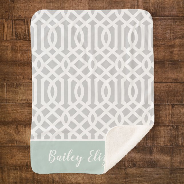 Mint and Grey Trellis Monogram | Editable Colours Sherpa Blanket (Creator Uploaded)