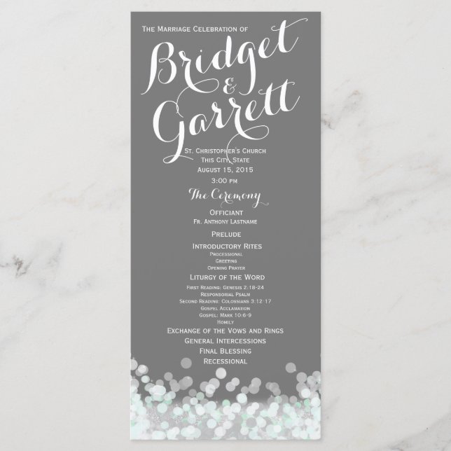 Mint and Grey Twinkle Lights Wedding Program (Front)