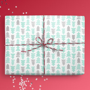 Mint and Light Grey Christmas Trees Wrapping Paper