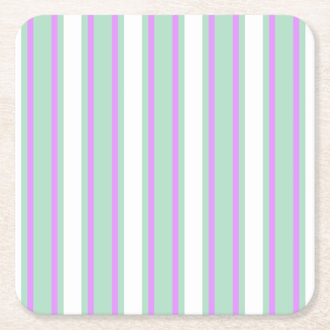 Mint and lilac candy stripes square paper coaster (Front)