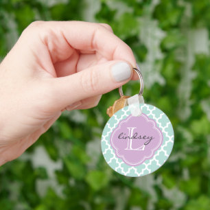 Mint and Lilac Modern Moroccan Custom Monogram Keychain