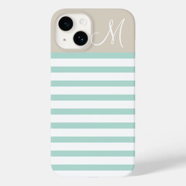 Mint and Linen Beige Preppy Stripes Monogram Case-Mate iPhone Case (Back)