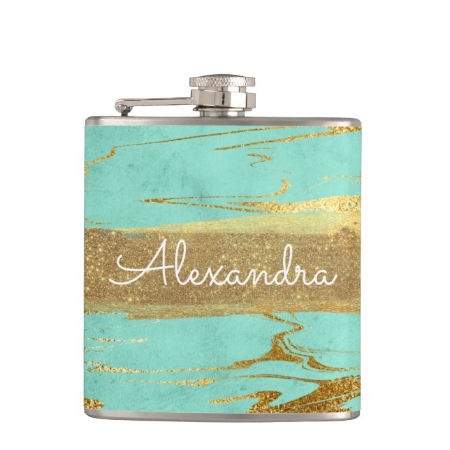 Mint and Marble with Gold Foil and Glitter Hip Flask (Front)