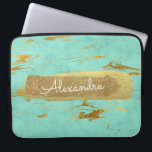 Mint and Marble with Gold Foil and Glitter Laptop Sleeve<br><div class="desc">Mint Teal Blue and Marble with Gold Foil and Glitter Elegant Monogram Name Case. This case can be customized to include your first name.</div>