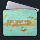 Mint and Marble with Gold Foil and Glitter Laptop Sleeve<br><div class="desc">Mint Teal Blue and Marble with Gold Foil and Glitter Elegant Monogram Name Case. This case can be customized to include your first name.</div>