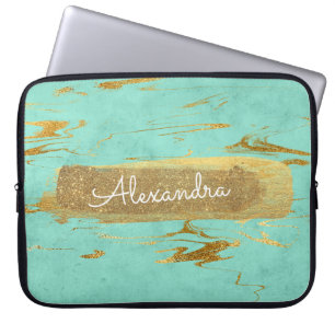 Mint and Marble with Gold Foil and Glitter Laptop Sleeve