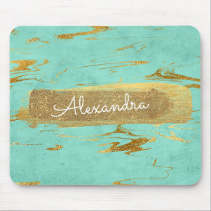 Mint and Marble with Gold Foil and Glitter Mouse Pad