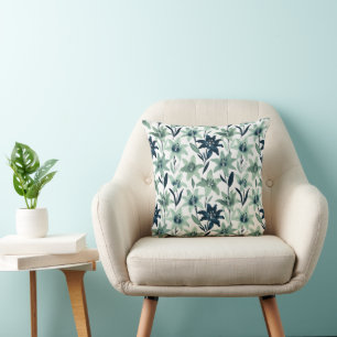 Mint and Navy Abstract Lily Throw Pillow