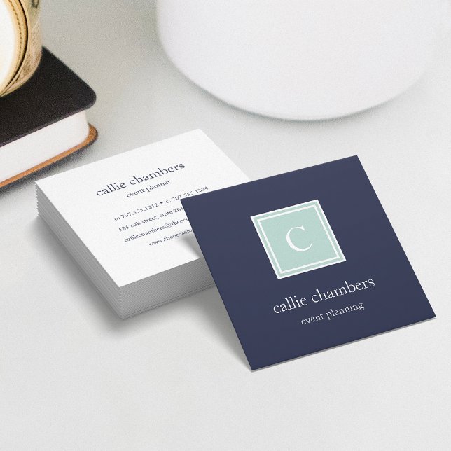 Mint and Navy Monogram Square Business Card (Creator Uploaded)