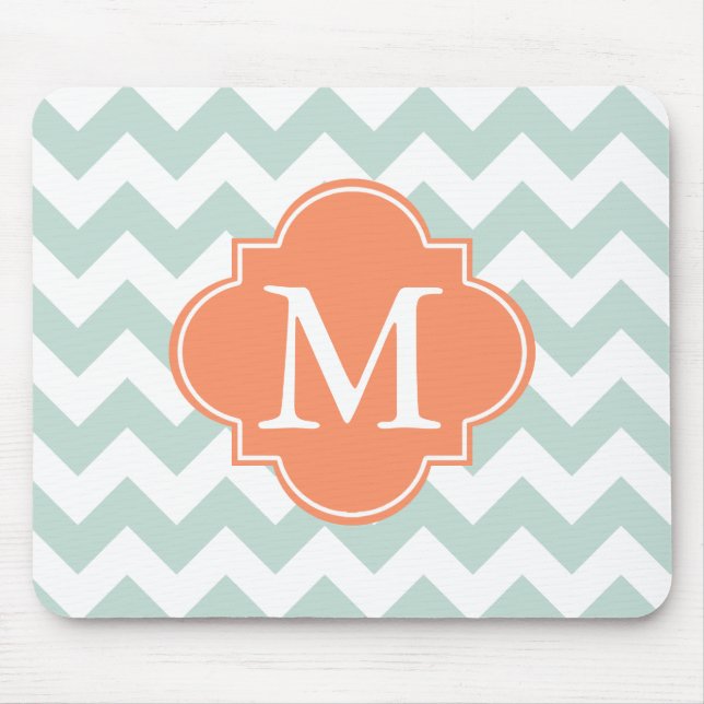 Mint and Orange Modern Chevron Custom Monogram Mouse Pad (Front)