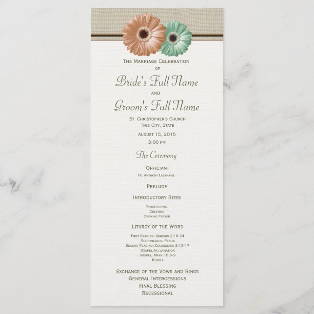 Mint and Peach Gerbera Daisy Wedding Program (Front)