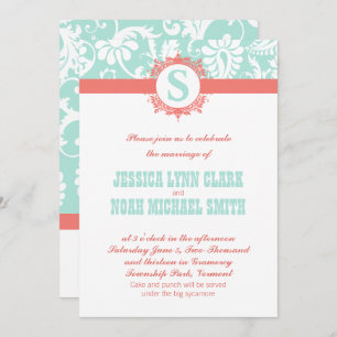 Mint and Peach Monogram Damask Wedding Invitations