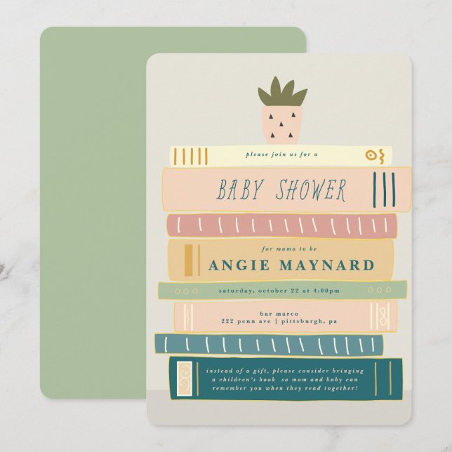 Mint and Pink Books For Baby Baby Shower Invitation (Front/Back)