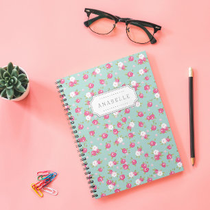 Mint and Pink Chic Vintage Floral Print Monogram Notebook