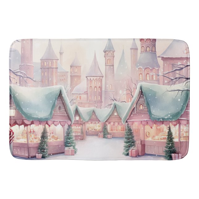 Mint and Pink Cozy Christmas Market - Winter Scene Bath Mat (Front)