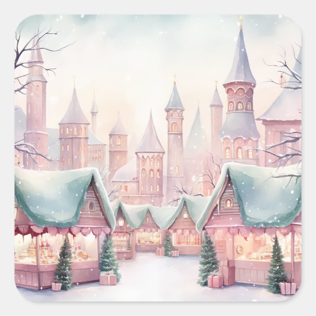Mint and Pink Cozy Christmas Market - Winter Scene Square Sticker (Front)