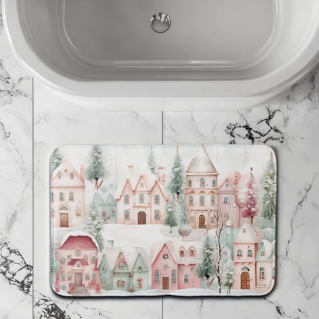 Mint and Pink Cozy Watercolor Winter Scene Bath Mat (Creator Uploaded)
