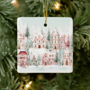 Mint and Pink Cozy Watercolor Winter Scene Ceramic Ornament