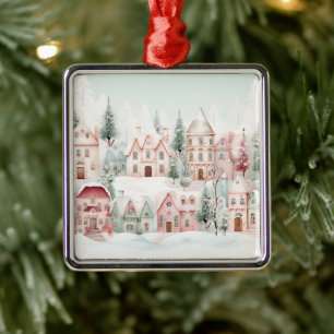 Mint and Pink Cozy Watercolor Winter Scene Metal Ornament