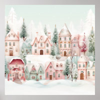 Mint and Pink Cozy Watercolor Winter Scene