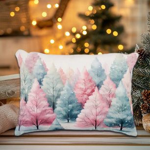 Mint and Pink Fir Trees Winter Scene Accent Pillow