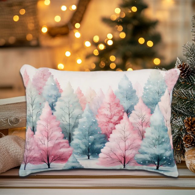Mint and Pink Fir Trees Winter Scene Accent Pillow (Creator Uploaded)