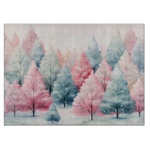 Mint and Pink Fir Trees Winter Scene Cutting Board