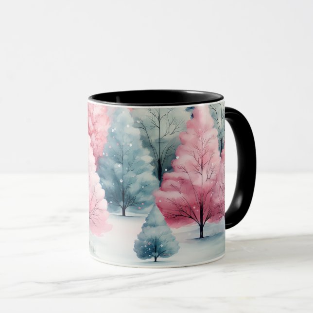 Mint and Pink Fir Trees Winter Scene Mug (Front Right)