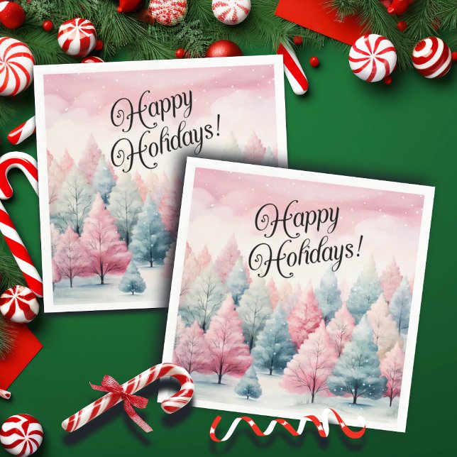 Mint and Pink Fir Trees Winter Scene Napkin (Creator Uploaded)