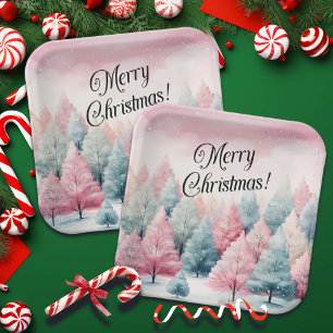 Mint and Pink Fir Trees Winter Scene Paper Plate