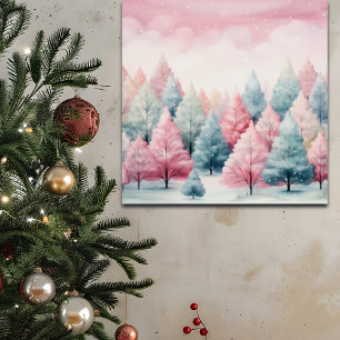 Mint and Pink Fir Trees Winter Scene Poster