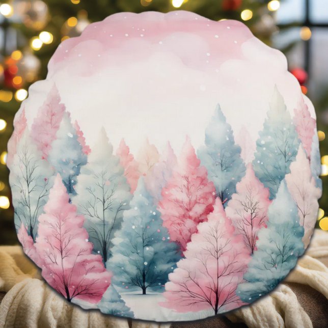 Mint and Pink Fir Trees Winter Scene Round Pillow (Creator Uploaded)