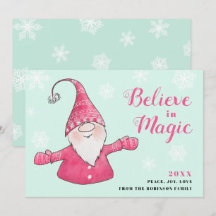 Mint and Pink Fun Gnome Believe in Magic Christmas Holiday Card