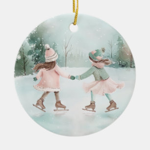 Mint and Pink Girls Skating - Winter Scene Ceramic Ornament