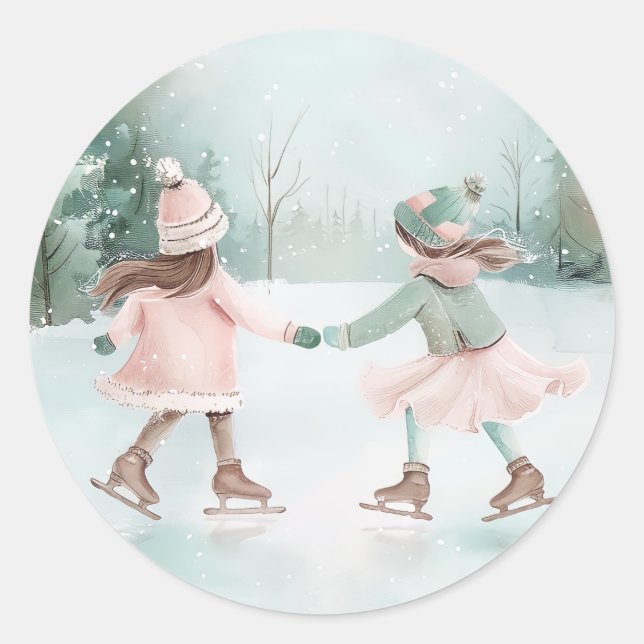 Mint and Pink Girls Skating - Winter Scene Classic Round Sticker (Front)