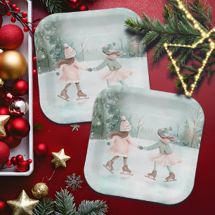 Mint and Pink Girls Skating - Winter Scene Paper Plate