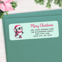 Mint and Pink Ice Skating Penguin Merry Christmas