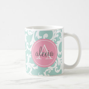 Mint and Pink Monogrammed Damask Print Coffee Mug