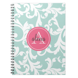 Mint and Pink Monogrammed Damask Print Notebook