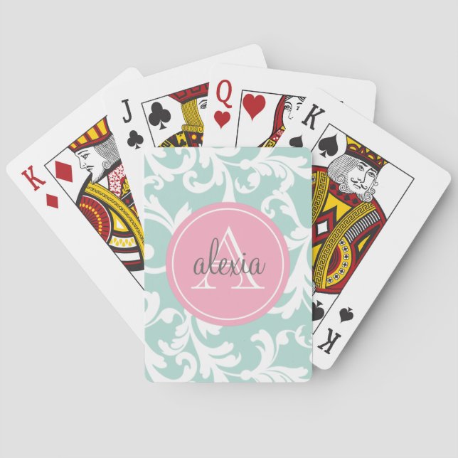 Mint and Pink Monogrammed Damask Print Playing Cards (Back)